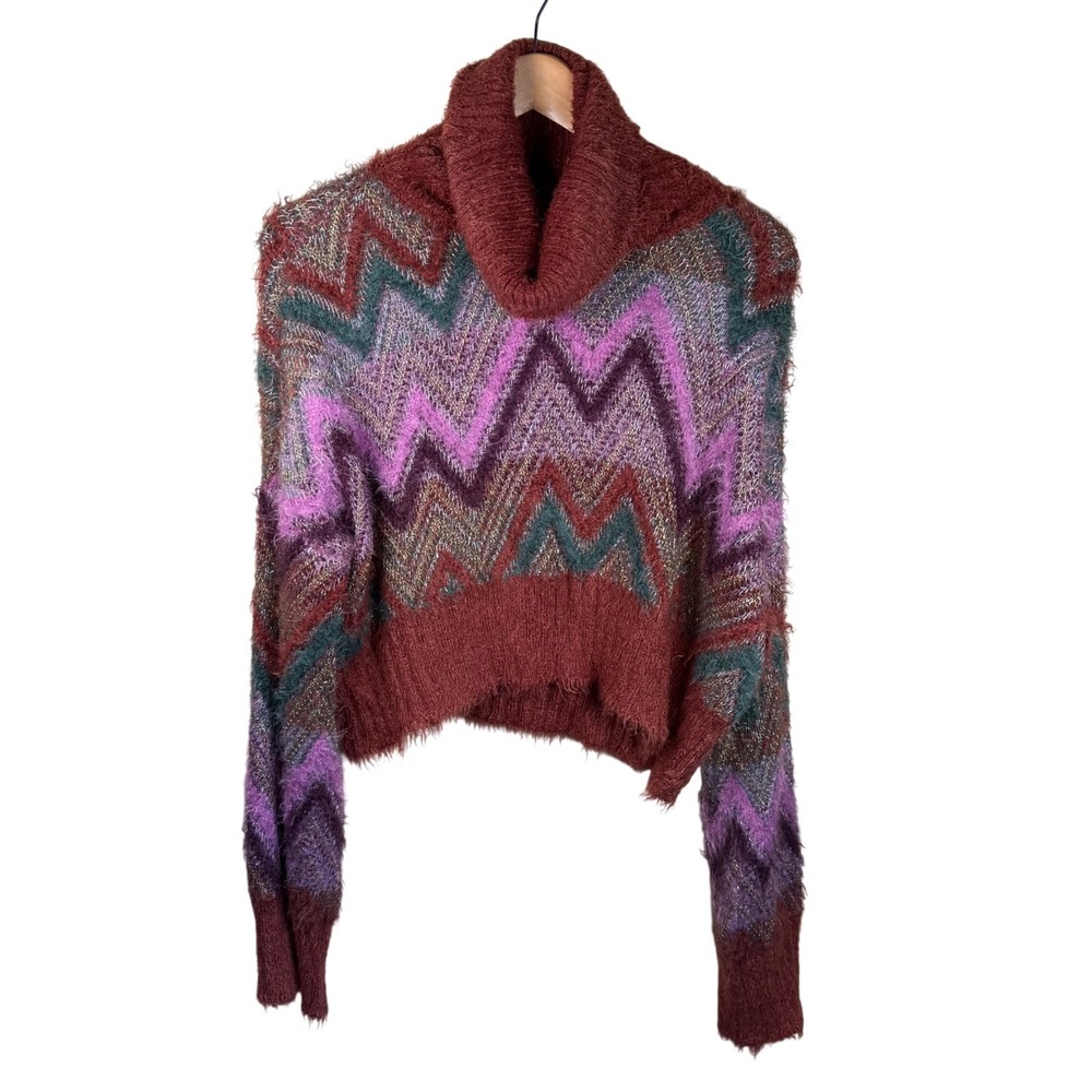 For Love & Lemons 90s‎ Zigzag Cropped Sweater Women S Burgundy Metallic Y2K Boho - Picture 2 of 9